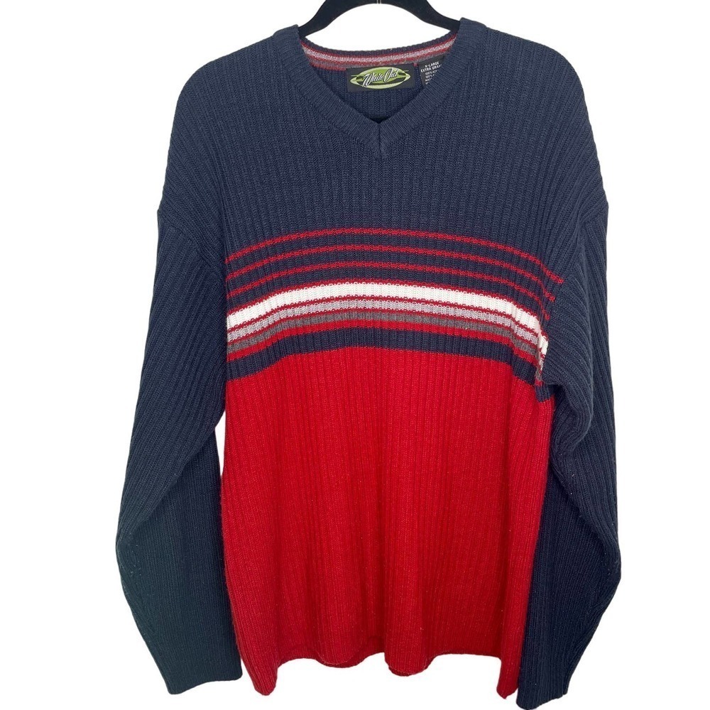 White Out Men's Y2K 90s Red & Blue Striped Preppy Ribbed Sweater Size XL
